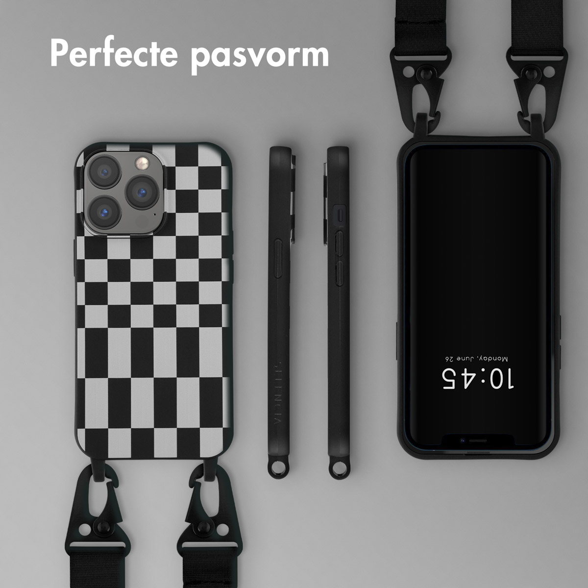 Coque de téléphone à motif à carreaux et sangle noire. Les téléphones sont dans et hors de la coque. Texte : Ajustement parfait.