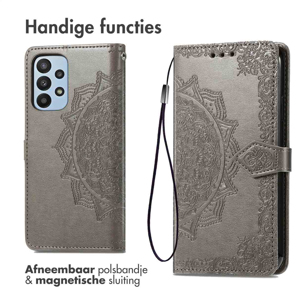 Grijze telefoonhoes met een mandala-ontwerp. De hoes heeft een afneembare polsband en een magnetische sluiting.