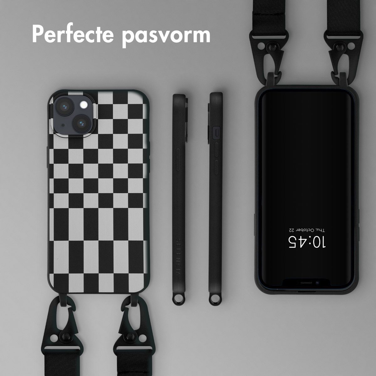 Coque de téléphone avec motif damier, téléphone avec affichage de l'heure et sangles noires.