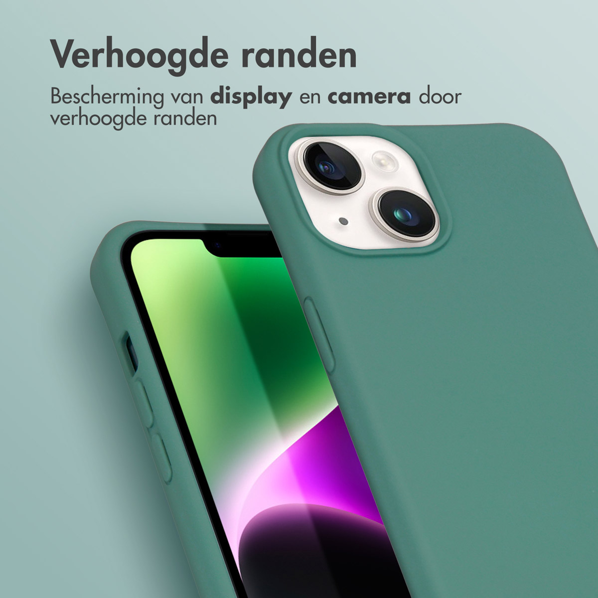 Coque de téléphone verte avec un téléphone à l'intérieur. Objectifs photo visibles.