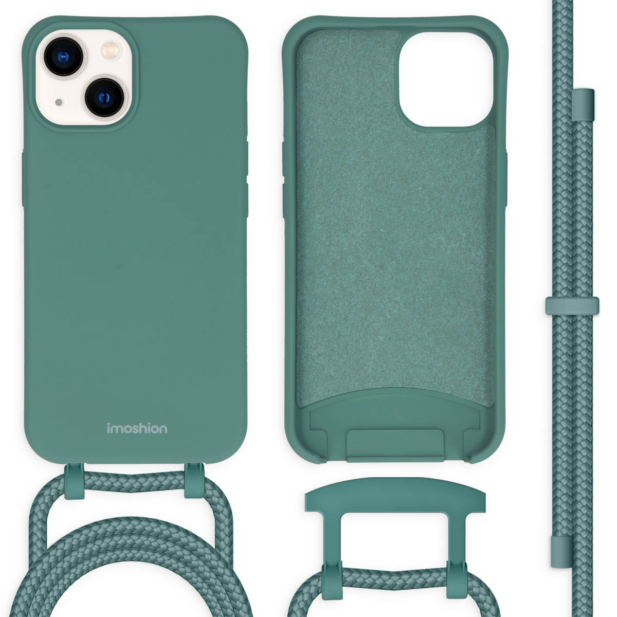Coque de téléphone verte avec un cordon. La coque est verte et le cordon est de couleur assortie.