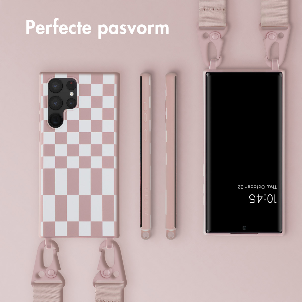 Diverse custodie per telefono a scacchi rosa e bianche con cinturini. Telefono con orario 10:45 visualizzato.
