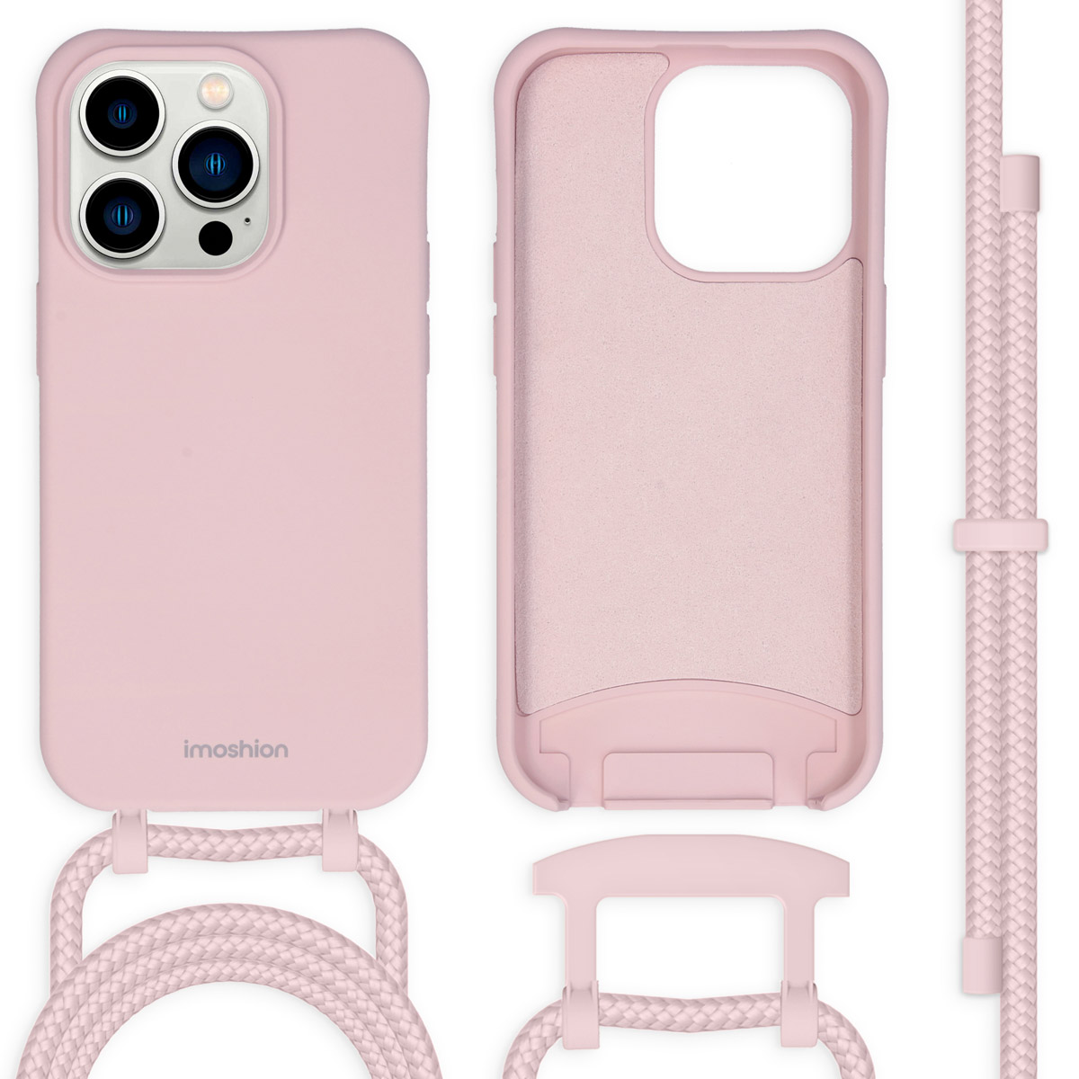 Une coque de téléphone rose avec une sangle et des éléments roses. Texte : imoshion.