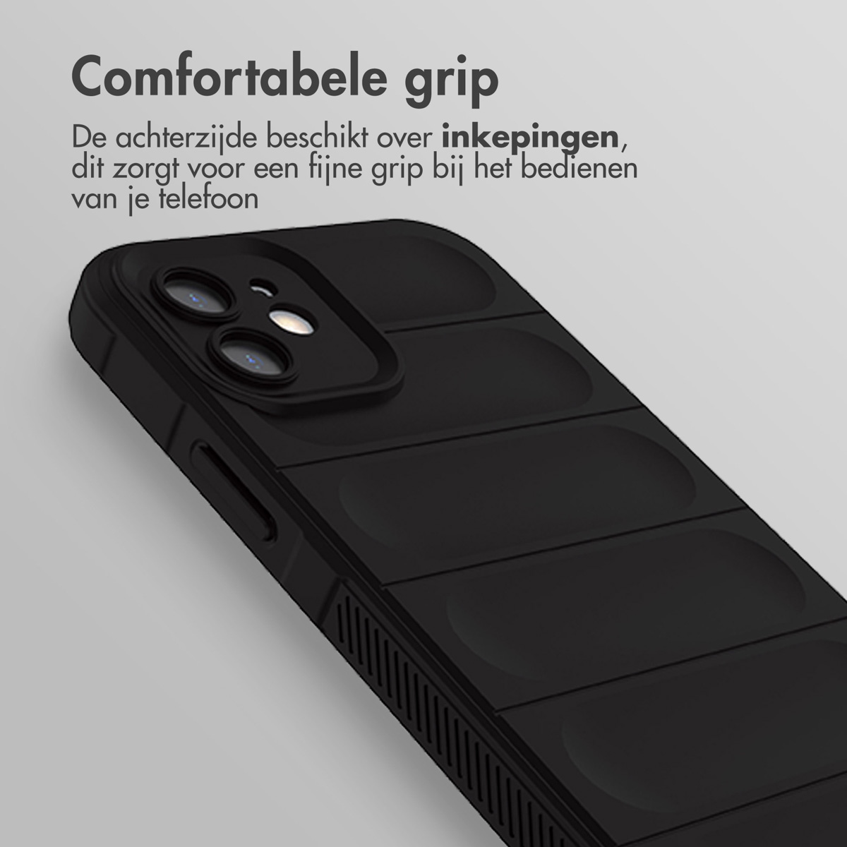 Coque de téléphone noire, gros plan. Montre l'arrière avec des encoches.