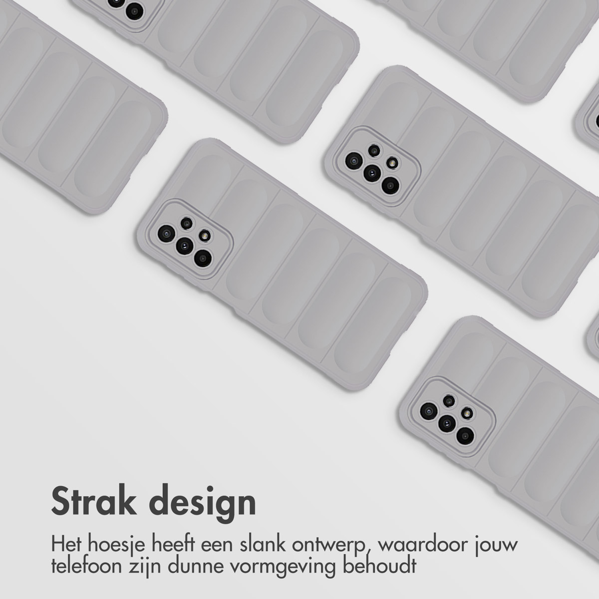 Diverse custodie per telefono grigio chiaro dal design elegante, disposte su sfondo bianco.
