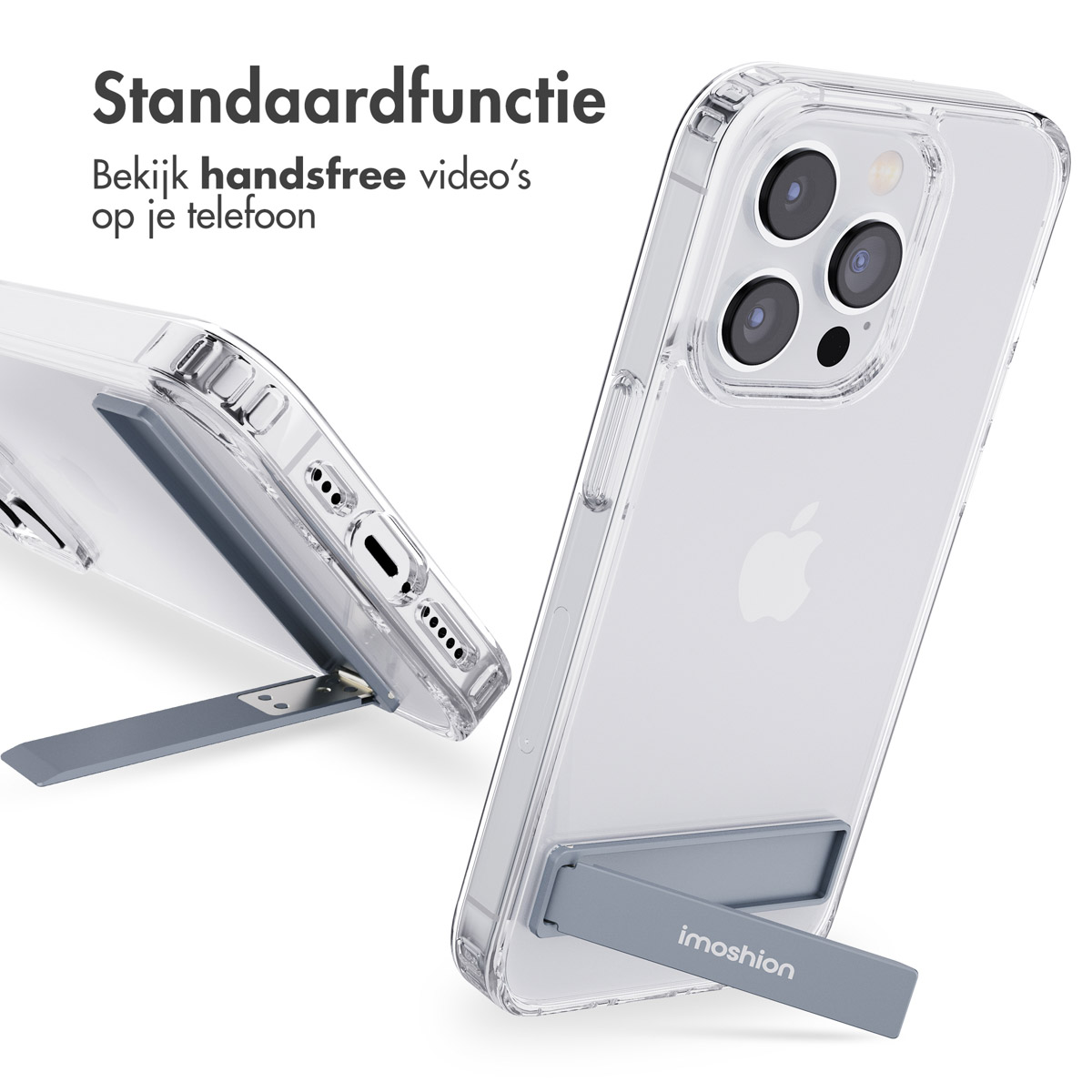 Coque de téléphone transparente avec béquille, téléphone incliné, avec le logo imoshion sur la béquille.