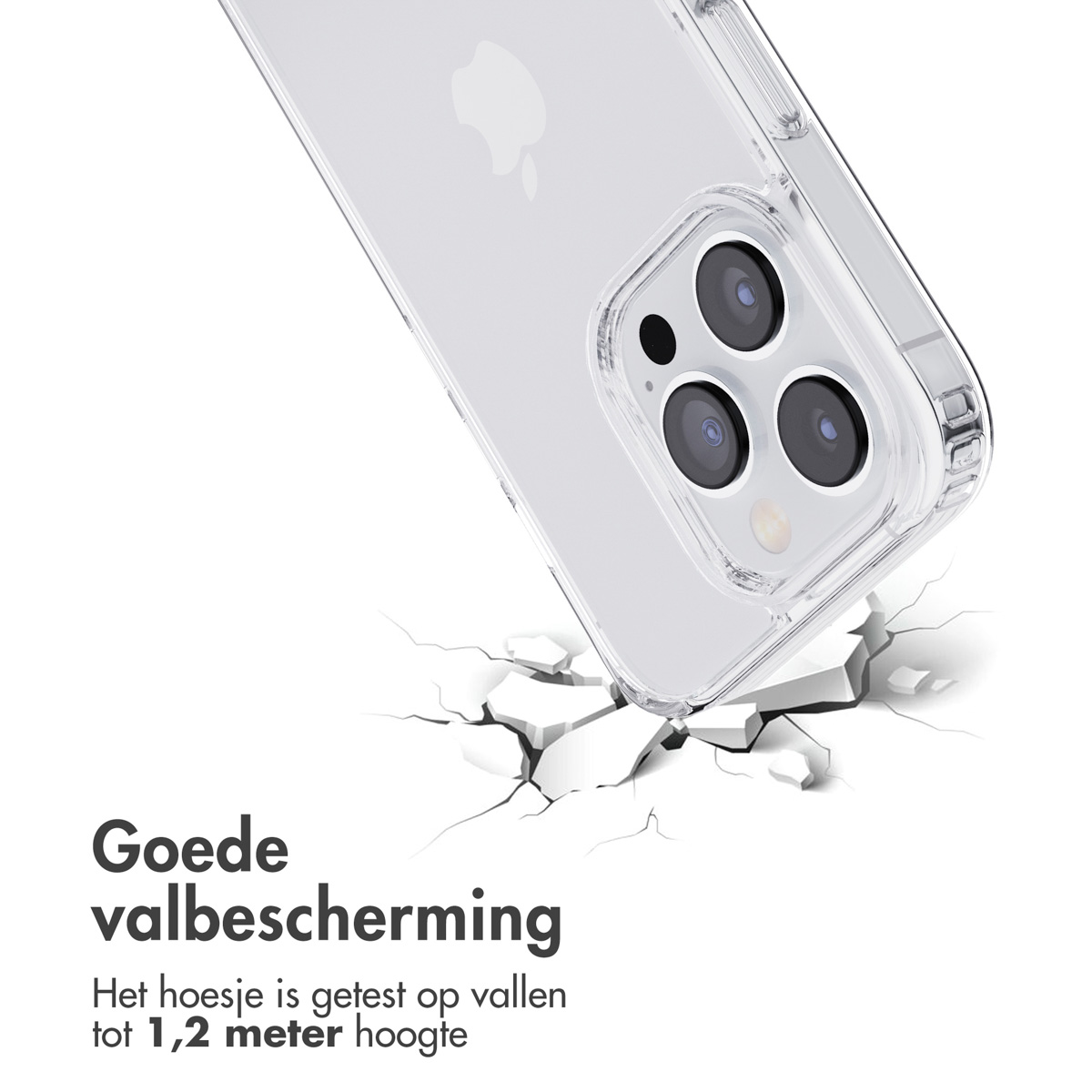 Coque transparente avec téléphone, s'écrasant sur du blanc. Coque transparente, sol fissuré montre impact.