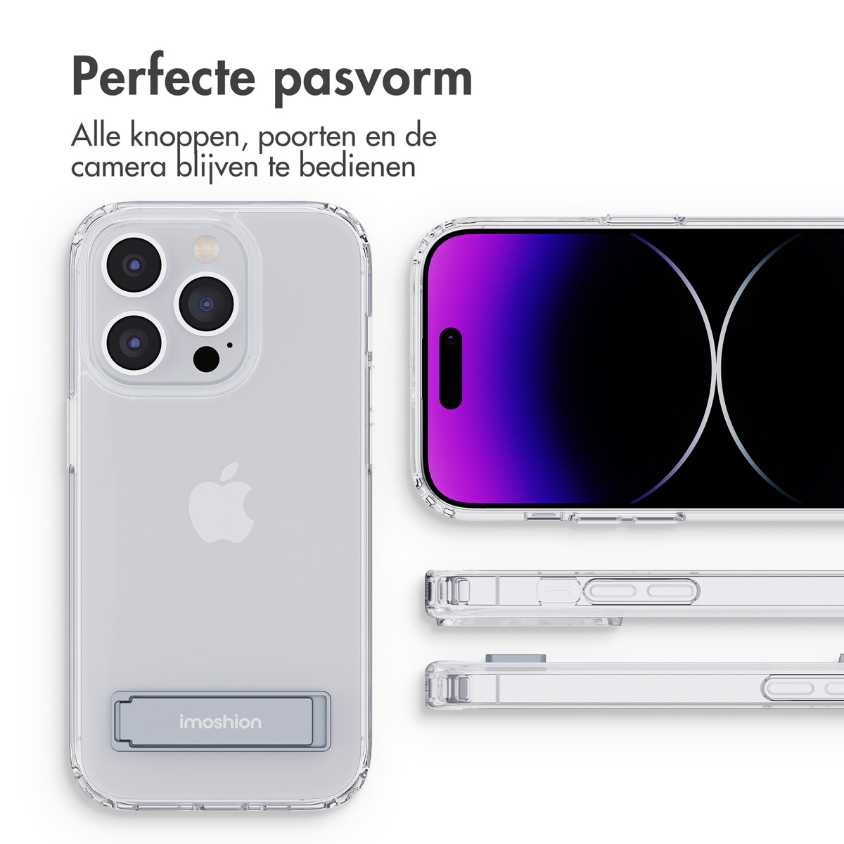 Custodia trasparente con logo Apple. Ulteriori viste mostrano telefono e custodia.