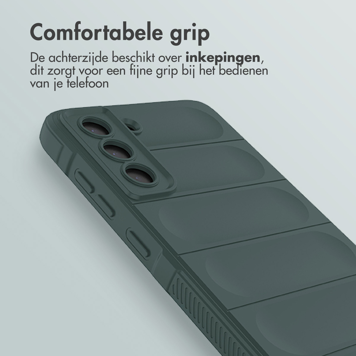 Coque de téléphone verte avec dos texturé, et une vue rapprochée du côté.
