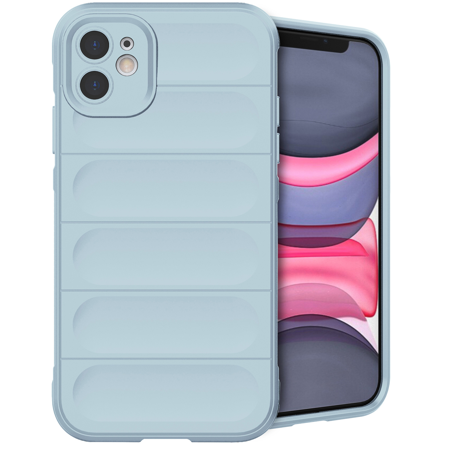 Une coque de téléphone bleu clair sur un téléphone avec un écran rose et violet. La coque a un design rembourré.