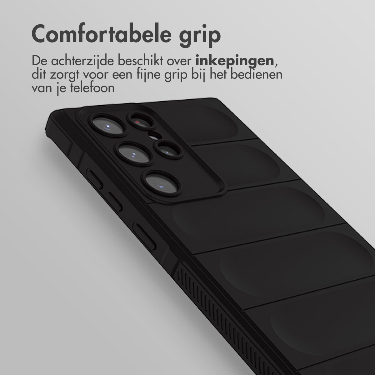 Zwarte telefoonhoes met een textuurontwerp. De hoes bedekt de achterkant.