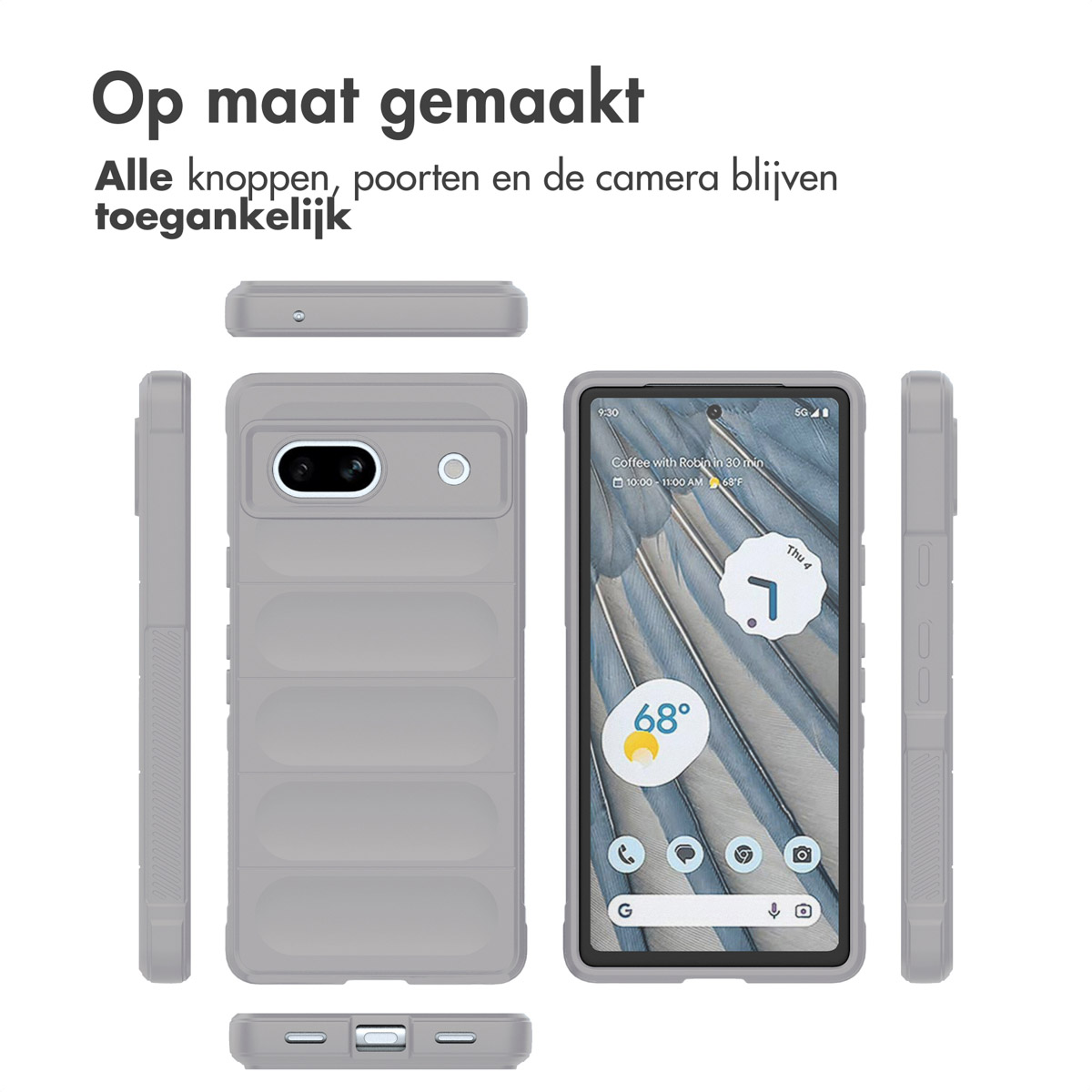 Graue Handyhülle mit gerilltem Design. Mehrere Ansichten der Handyhülle.
