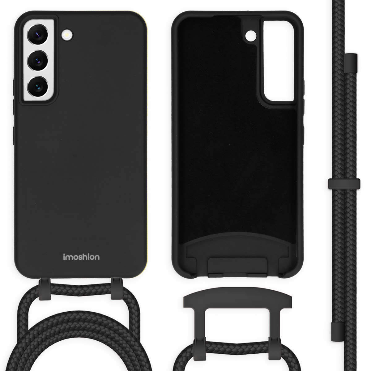 Telefoonhoes met een zwarte telefoon en een zwart touw. De hoes zit links. Het touw zit rechts.