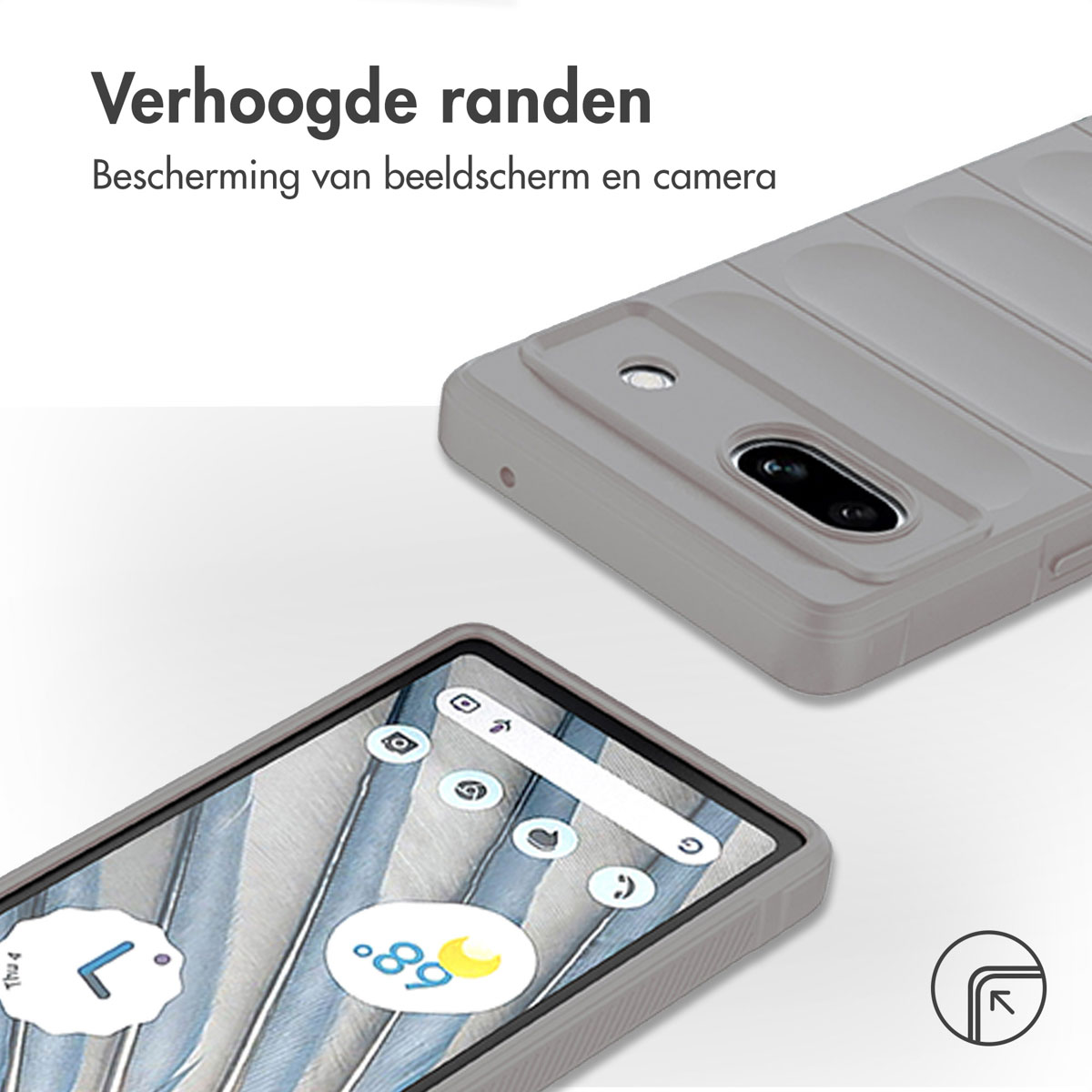 Eine Handyhülle und ein Telefon sind aus der Nähe zu sehen. Das Telefon zeigt eine Benutzeroberfläche.