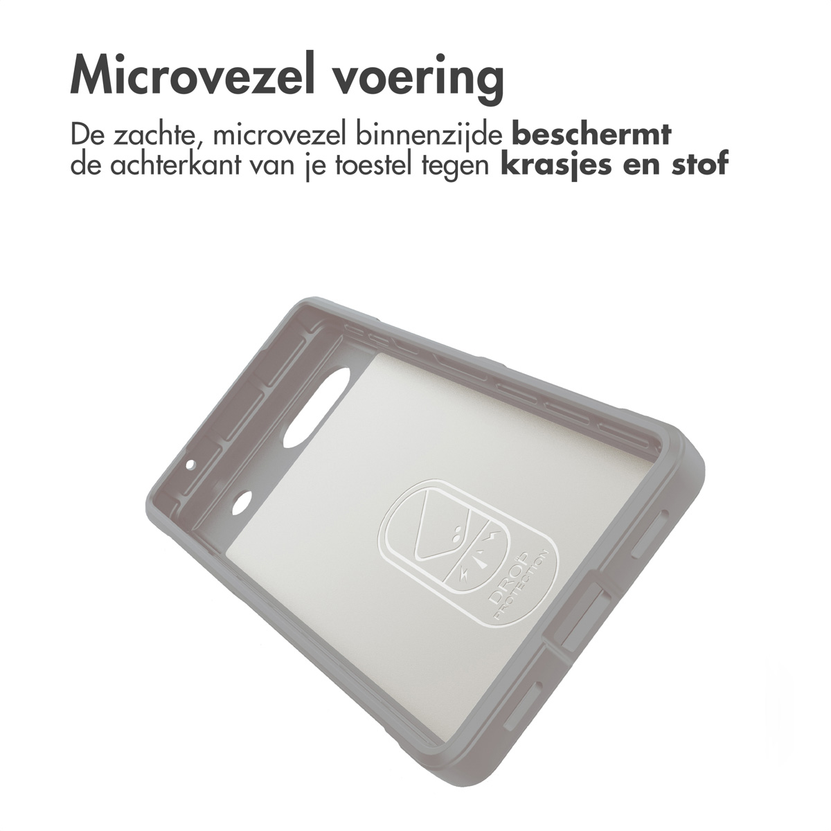 Schwarze Handyhülle, Innenansicht mit Drop-Protection-Logo und weichem Futter, abgewinkelte Ansicht.