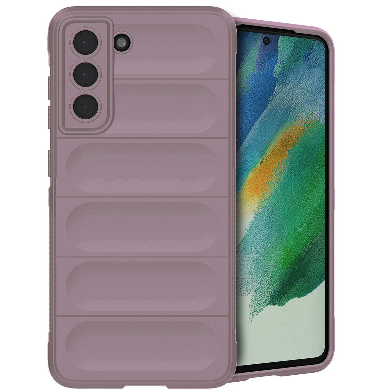Een telefoon met een hoesje wordt getoond. De hoes is paars en heeft horizontale lijnen.