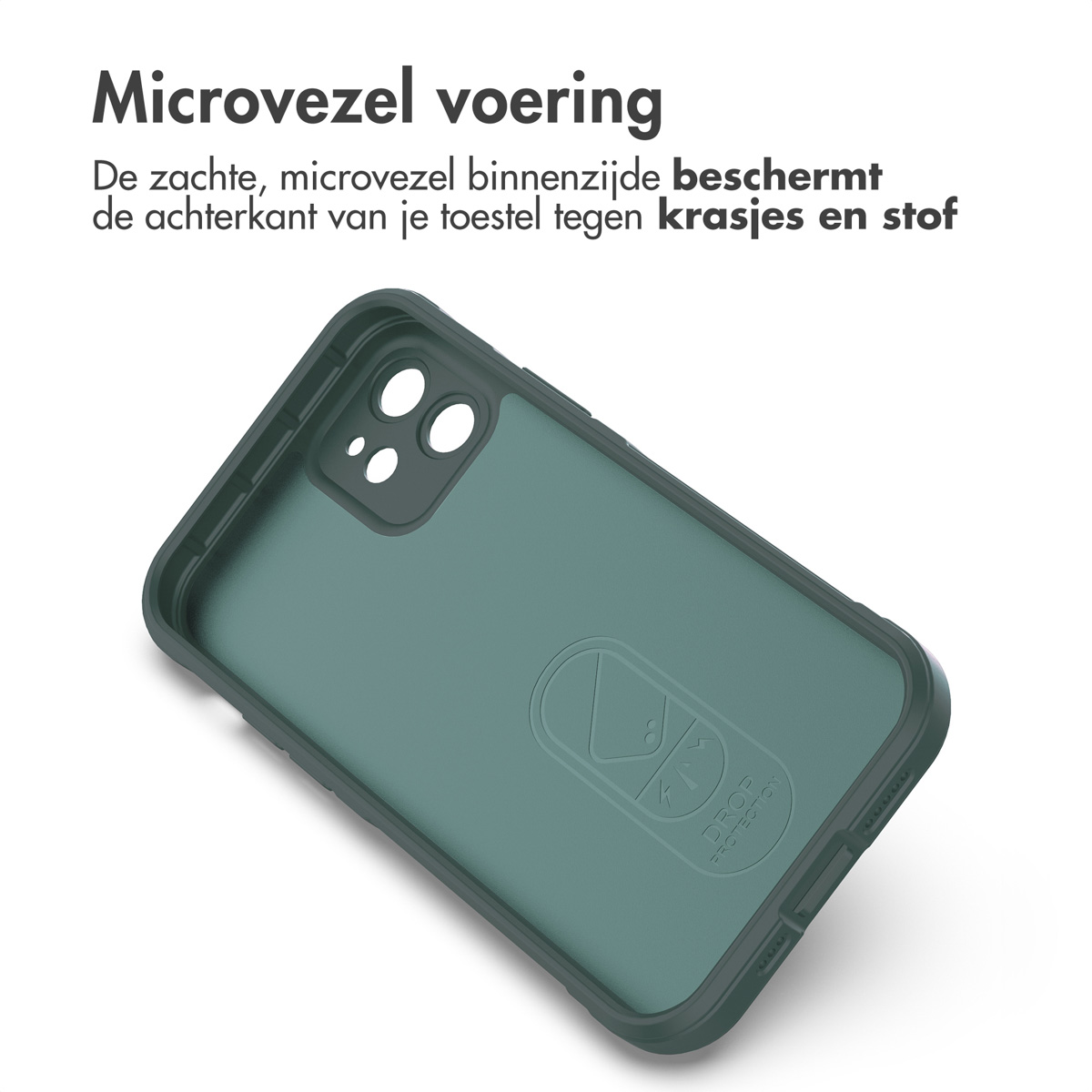 Intérieur de coque de téléphone sarcelle avec logo. Texte : Doublure en microfibre.