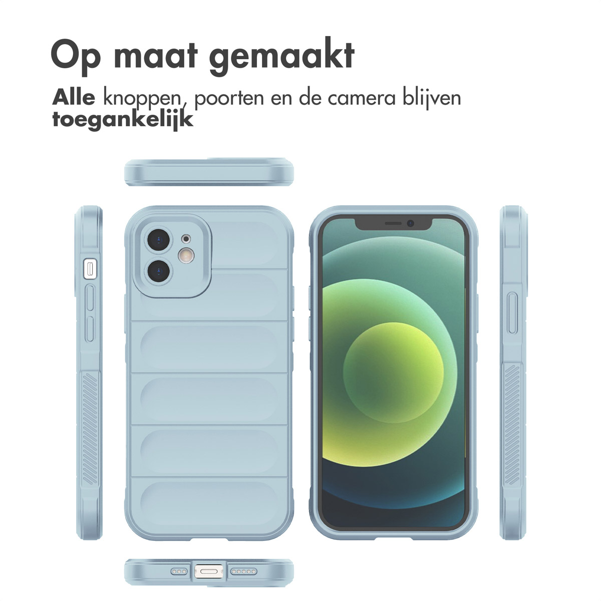 Une coque de téléphone bleu clair avec un téléphone à l'intérieur et des vues sous différents angles.