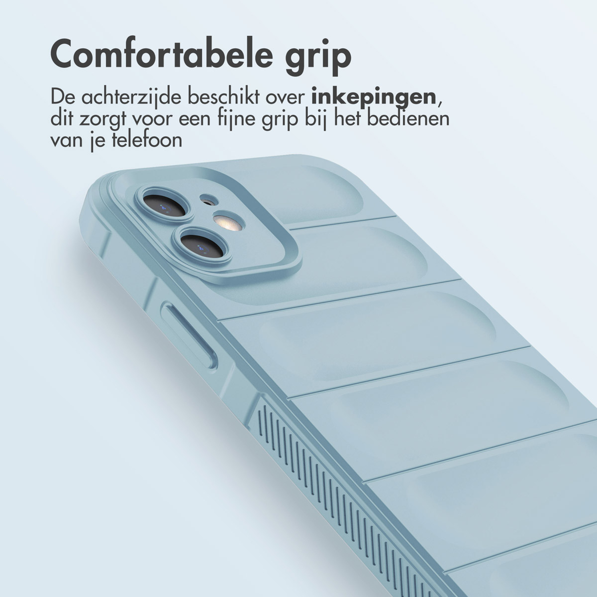Coque de téléphone bleu clair avec dos texturé. La coque a des découpes pour l'appareil photo.