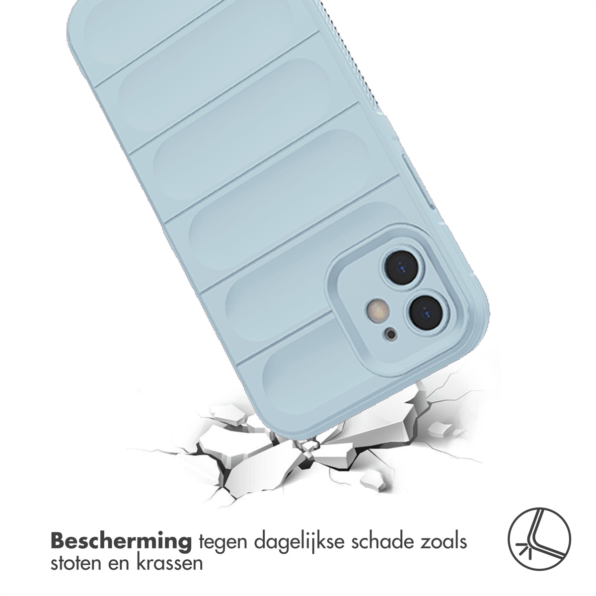 Coque de téléphone bleue tombant sur une surface fissurée. La coque est bleue.