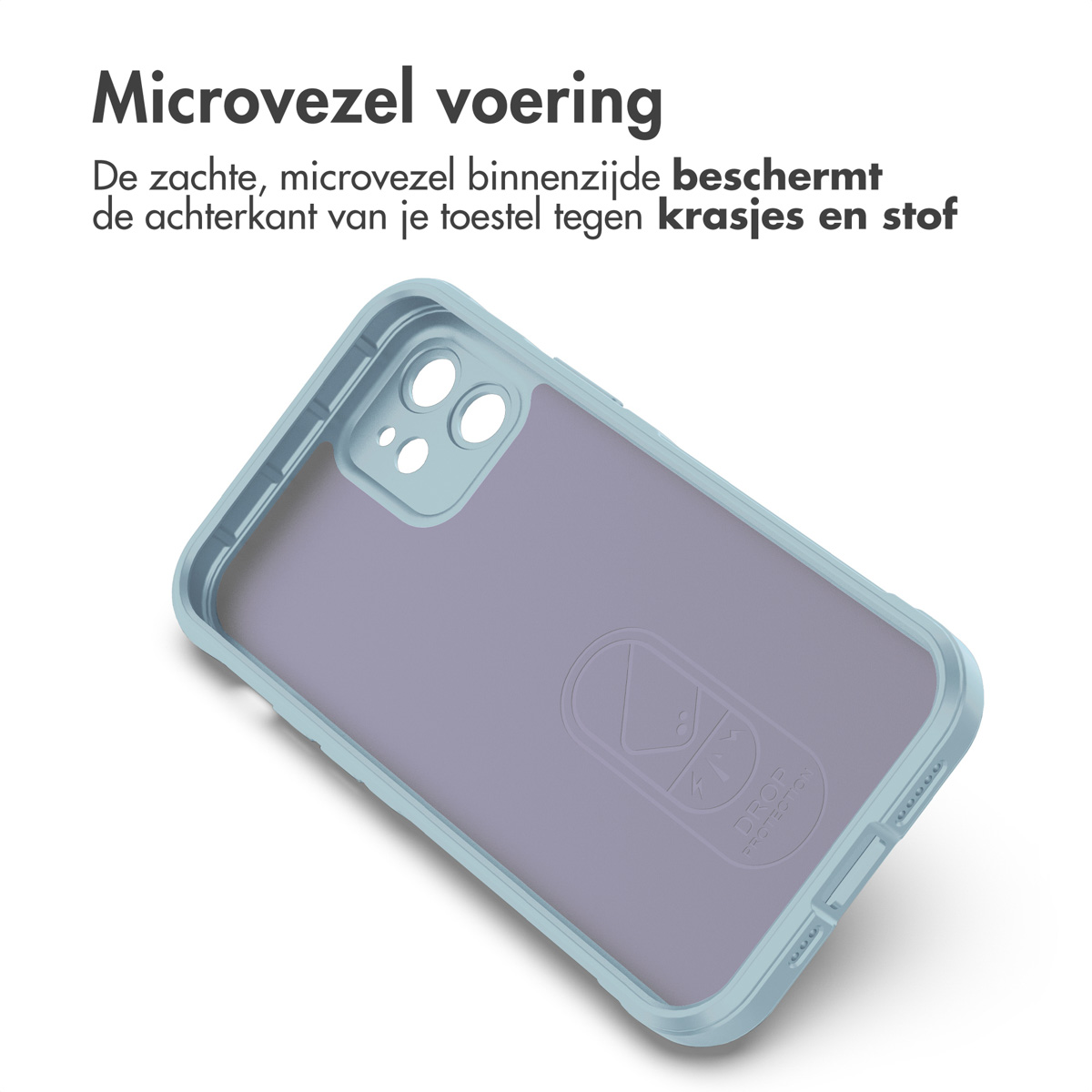 Intérieur de coque de téléphone turquoise avec un dos violet, logo Drop visible.