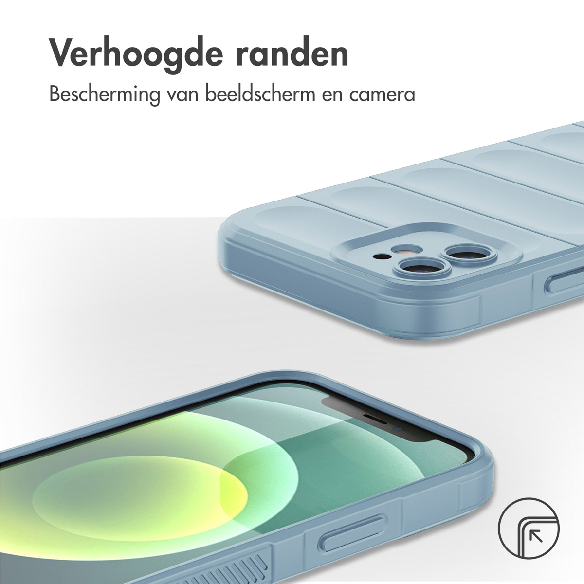 Coque de téléphone bleue avec bords surélevés, protégeant l'écran et la caméra.