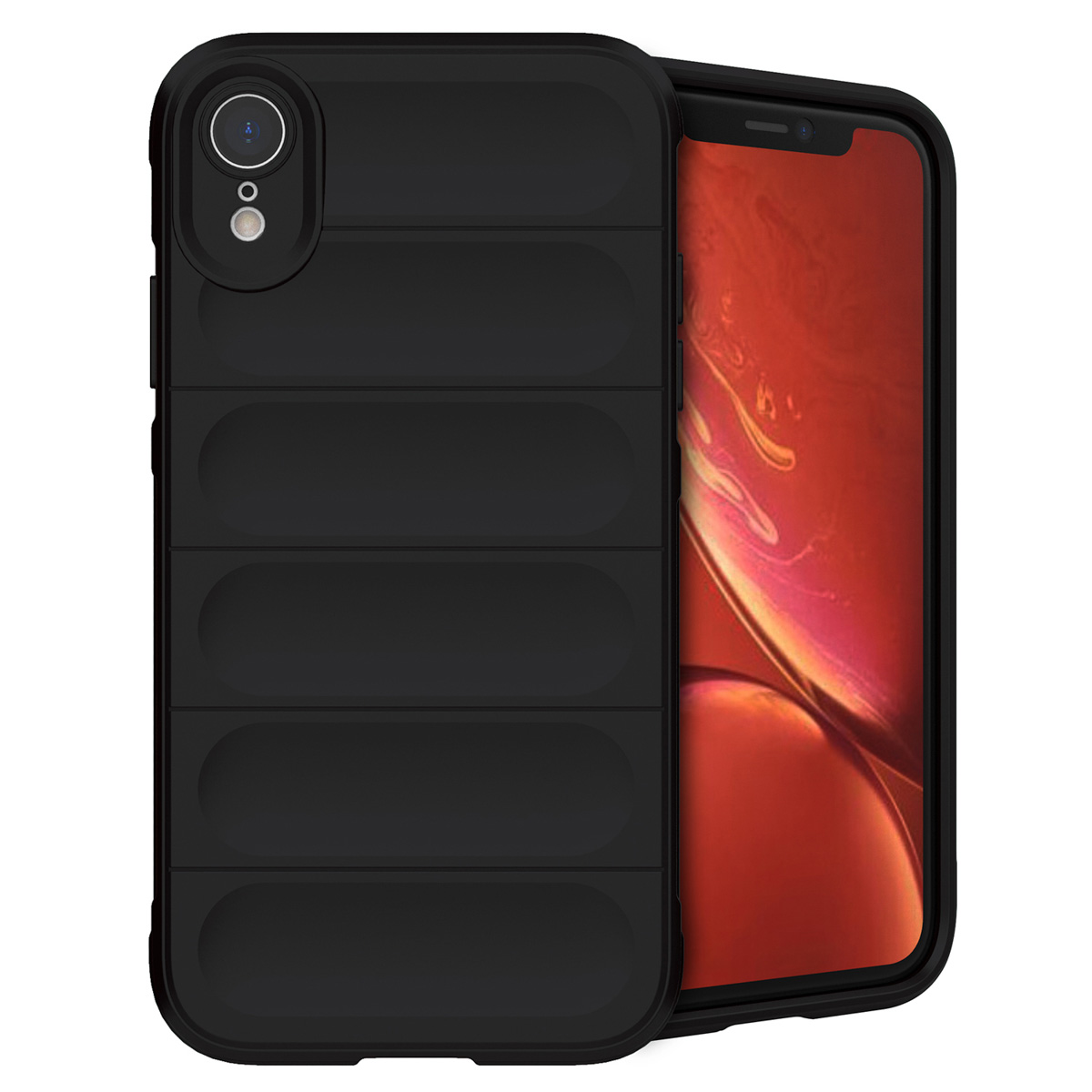 Coque noire avec lignes horizontales, inclinée sur le téléphone. Écran rouge visible.