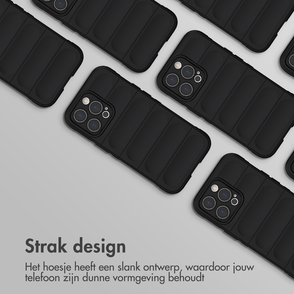 Mehrere schwarze Handyhüllen mit gerilltem Design auf hellem Hintergrund.