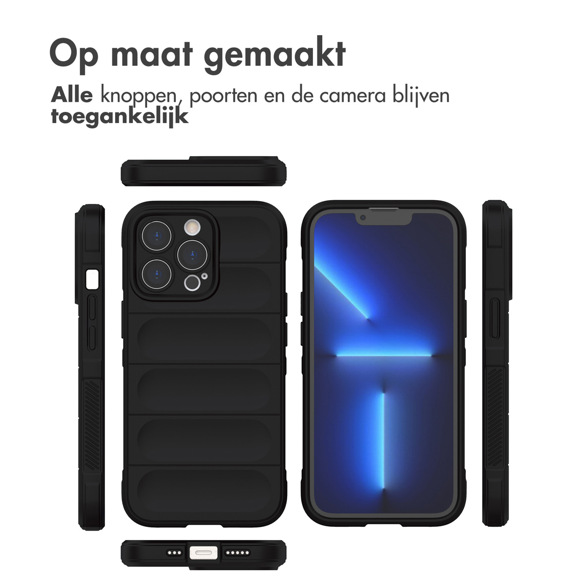 Schwarze Handyhülle mit geripptem Design, verschiedene Ansichten.