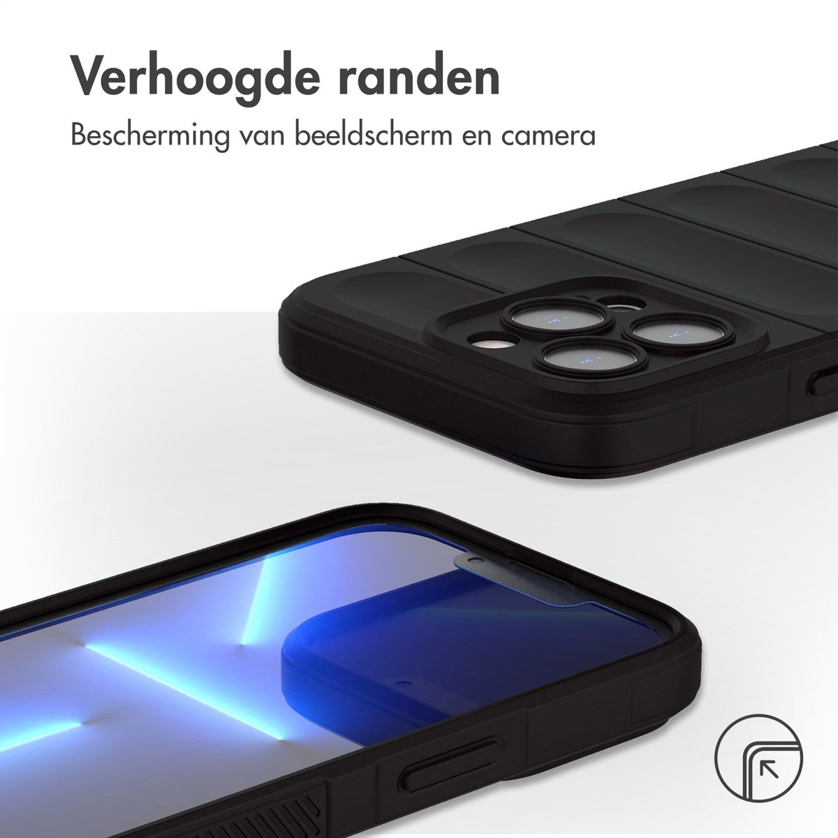 Handyhülle mit Telefon. Text: Erhöhte Kanten. Schutz von Bildschirm und Kamera.