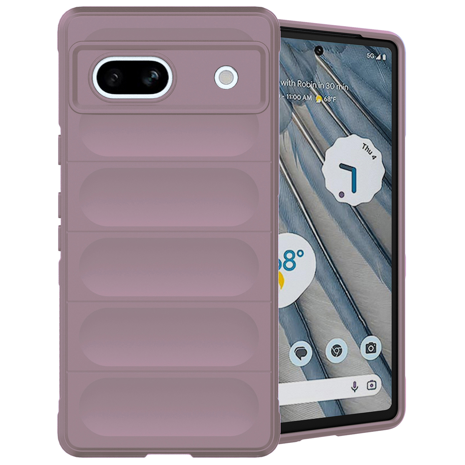 Eine lila Handyhülle mit einem Telefon darin. Ein Telefonbildschirm zeigt einen Kalender.