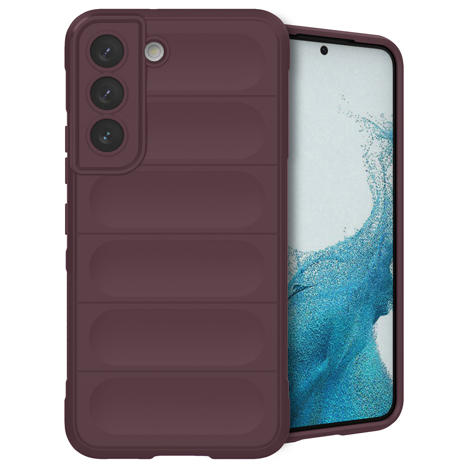 Bordeauxrode telefoonhoes met een groefontwerp. Telefoon in de hoes.