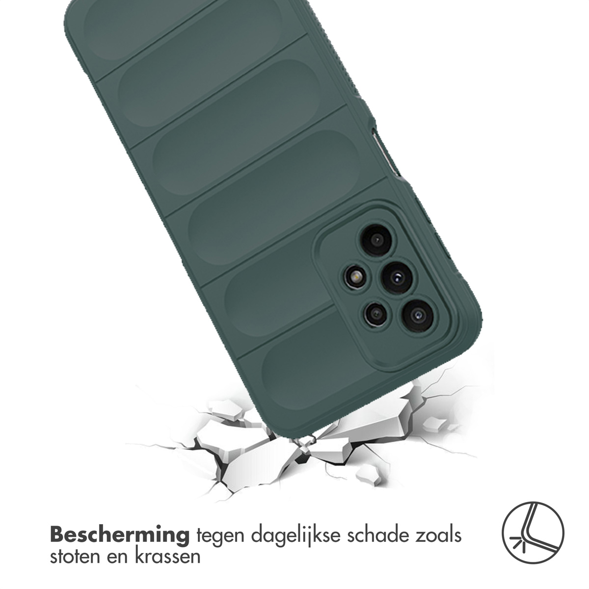 Green phone case. The phone case in the process of falling and breaking on the ground.