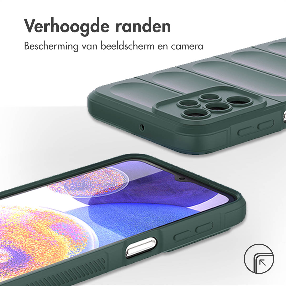 Green phone case with ridged design. A phone is visible inside, with a green background.