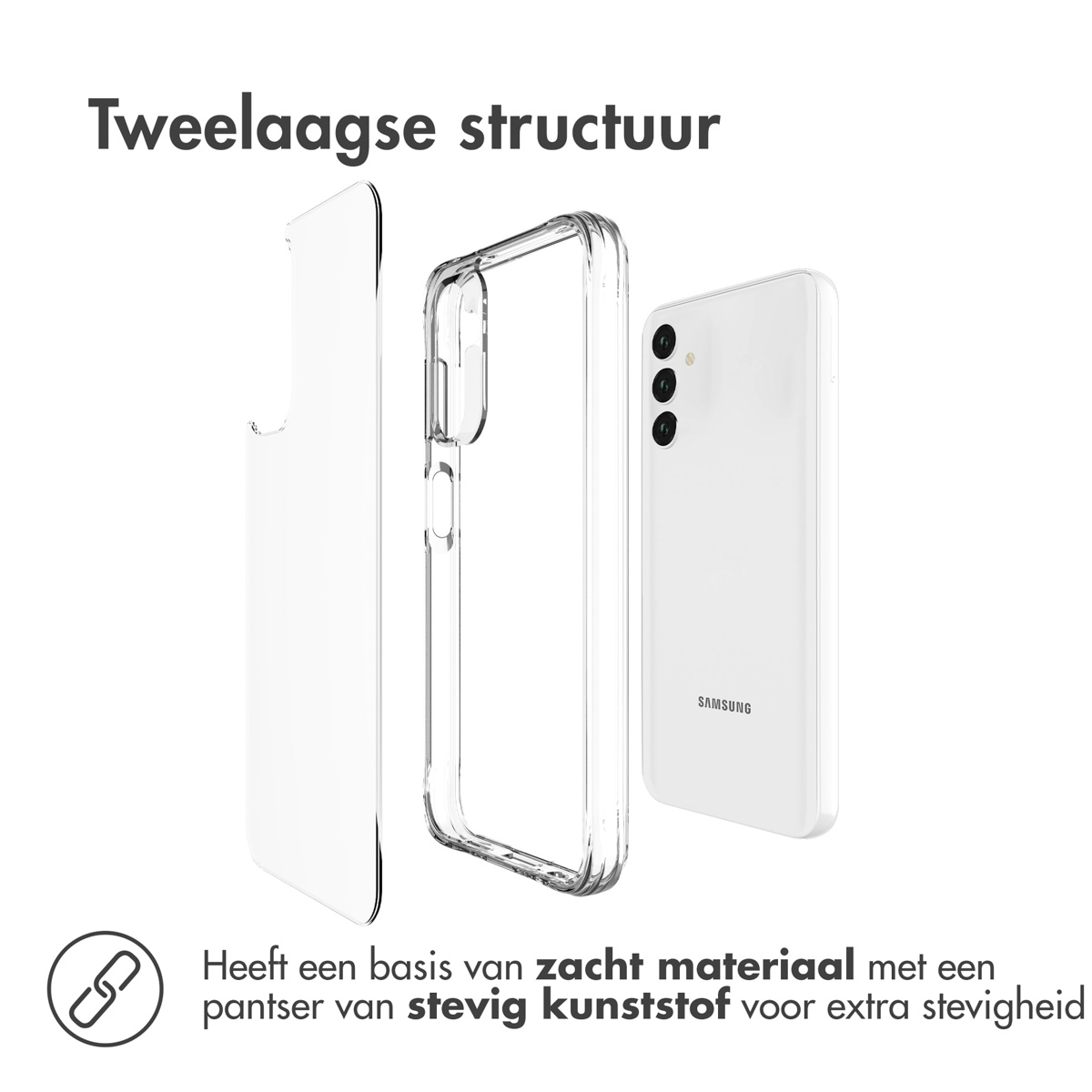 Transparant telefoonhoesje, een telefoon en een transparant onderdeel.