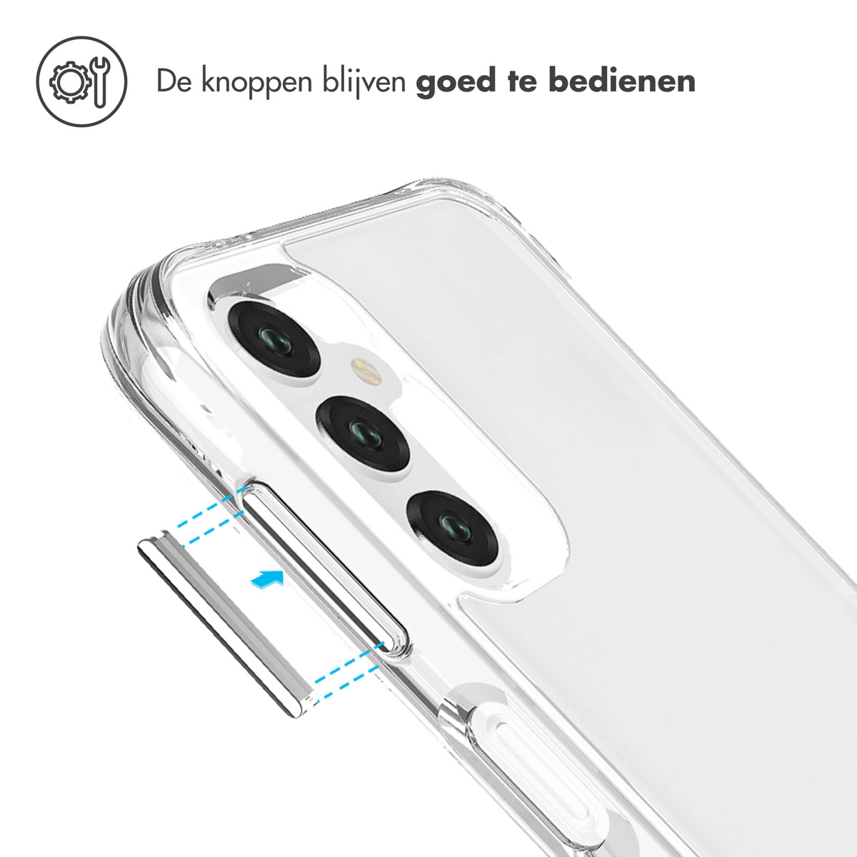 Transparante telefoonhoes, close-up. Toont de hoes en de uitsparing voor de knop.