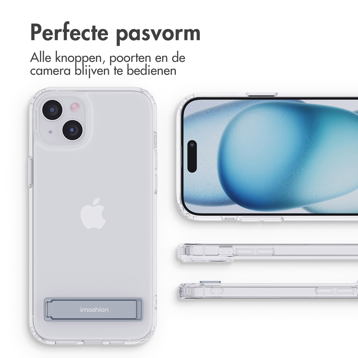 Custodia trasparente su telefono bianco con supporto. Testo: Perfecte pasvorm.