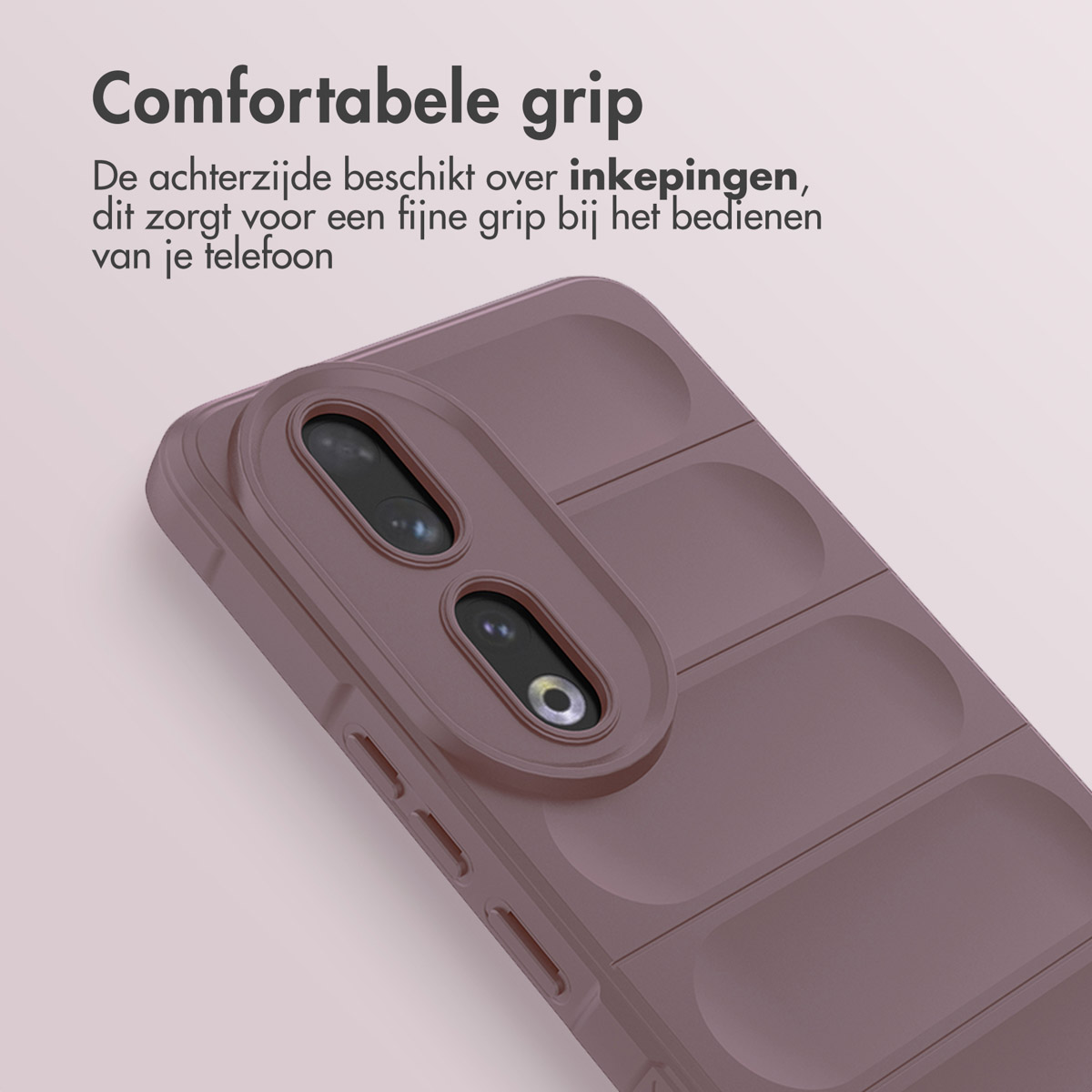 Een telefoonhoesje wordt van dichtbij getoond. De hoes heeft horizontale lijnen.