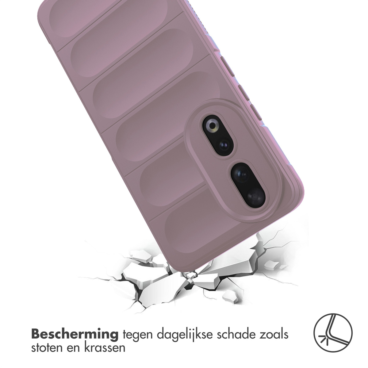 Paars telefoonhoesje, dat op een gebarsten oppervlak valt, toont de impactbestendigheid van het product.