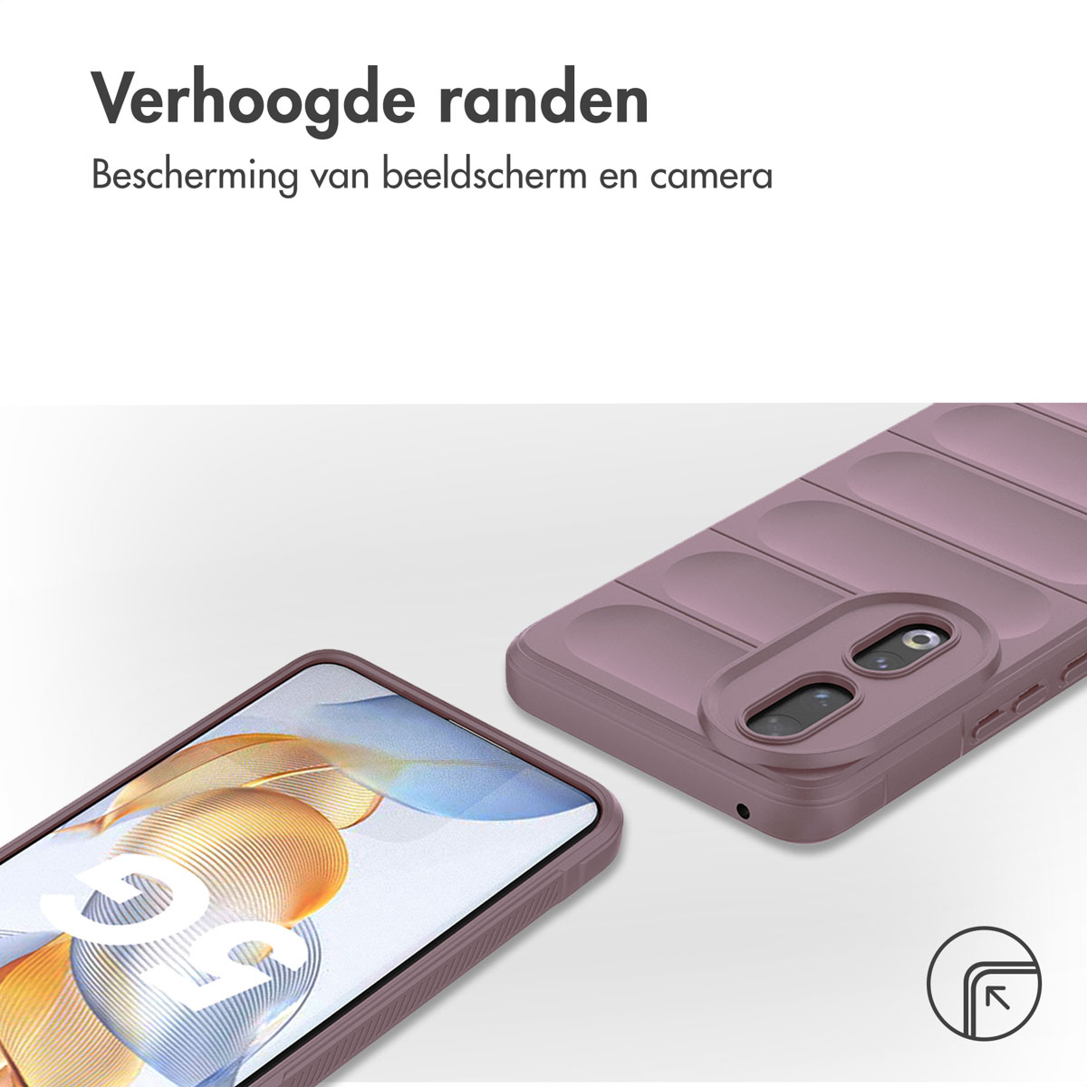 Paarsroze telefoonhoes met een telefoon. Scherm zichtbaar. Boven- en zijaanzicht van de hoes.