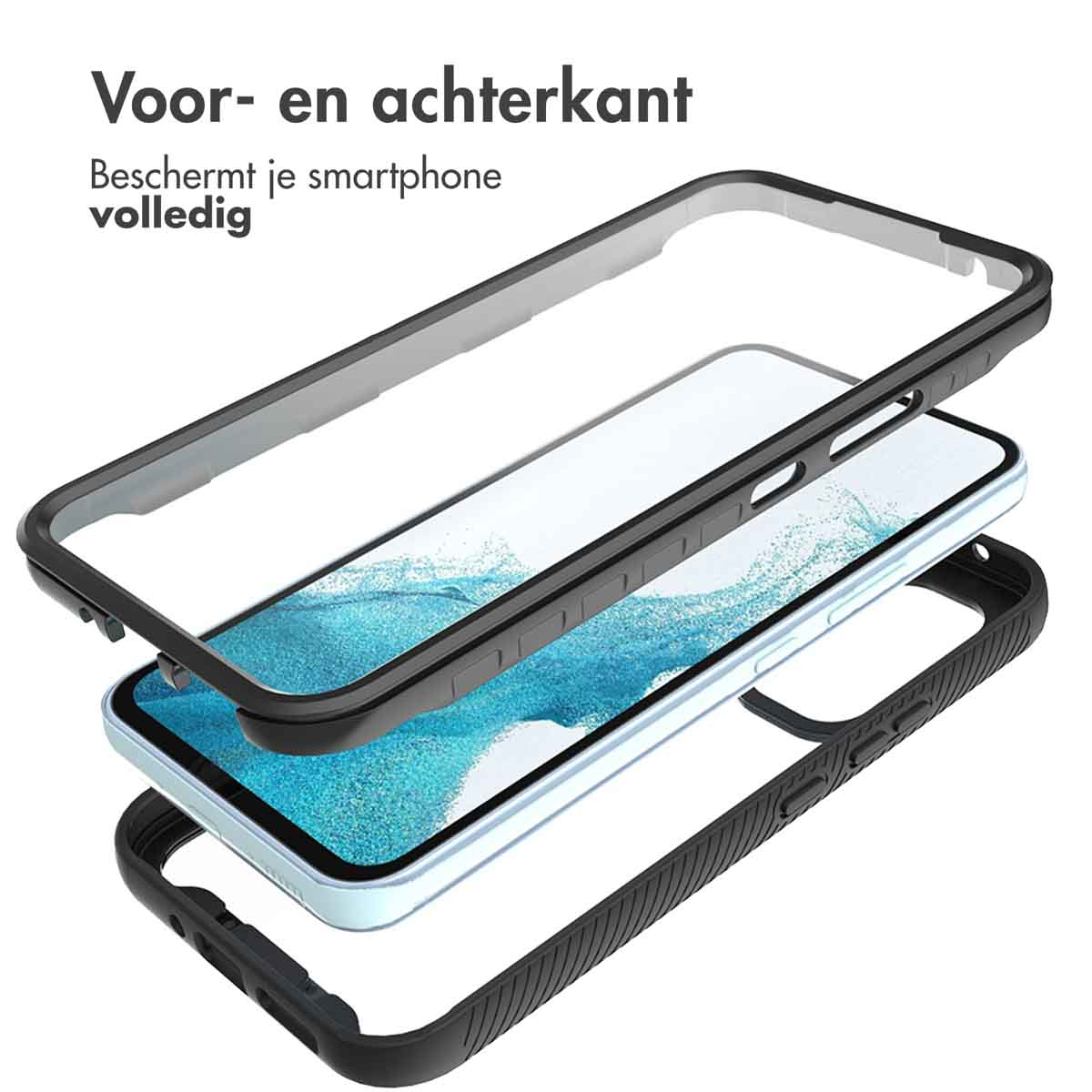 Telefoonhoeslagen: doorzichtige voorkant, telefoon, zwart frame. Tekst: Beschermt voor- en achterkant.