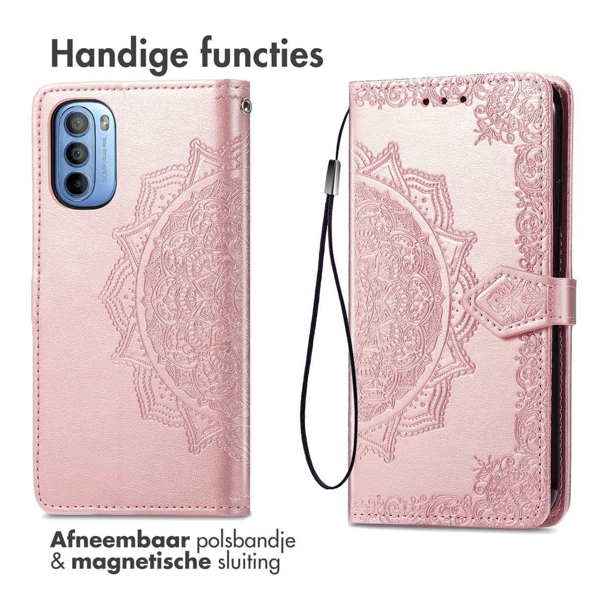 Étui rose avec motif mandala, bracelet amovible et fermeture magnétique.