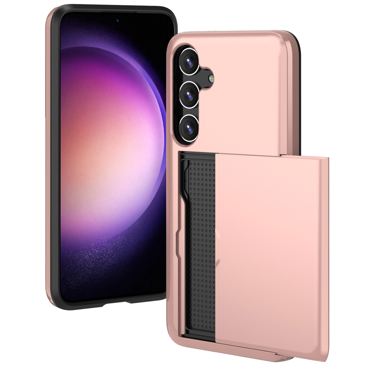 Roze telefoonhoes met een portemonnee-ontwerp. Toont de achterkant van de telefoon en de portemonnee.