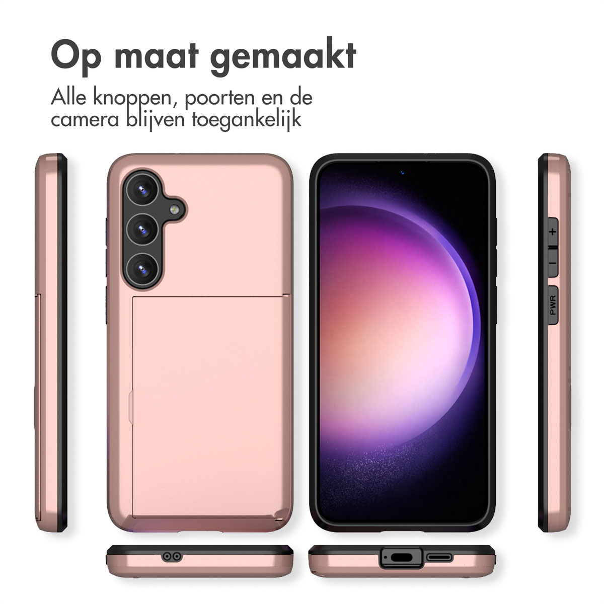 Roze telefoonhoes met telefoon, zij- en vooraanzichten. Witte achtergrond. Hoes met kaartsleuf.