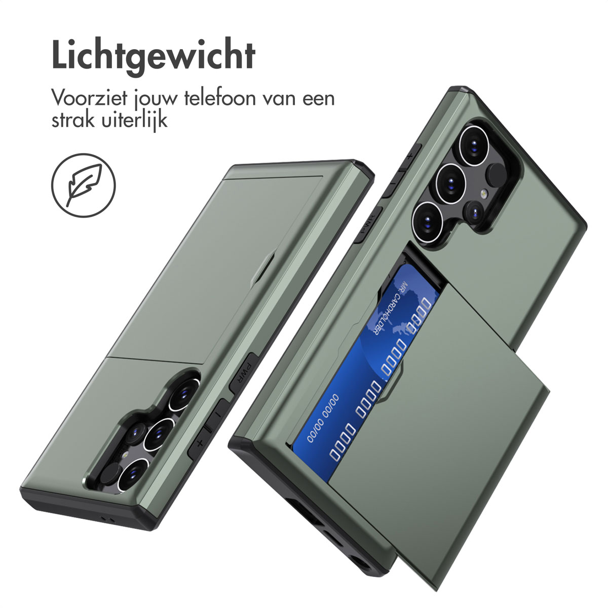 Groene telefoonhoes met kaartsleuf. Toont de hoes met kaart en telefoon.