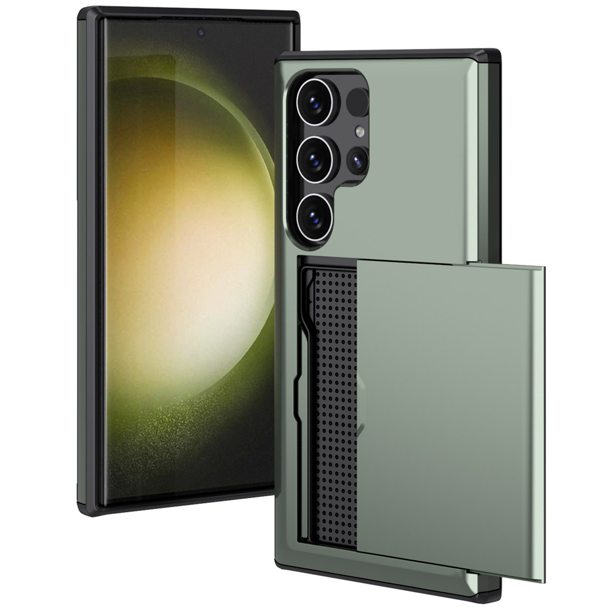 Groene telefoonhoes met kaartsleuf. Telefoonscherm zichtbaar. Donker frame.