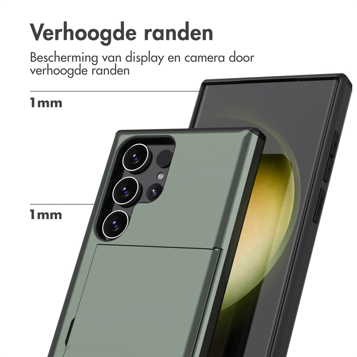 Groene telefoonhoes met telefoon. Tekst: Verhoogde randen.
