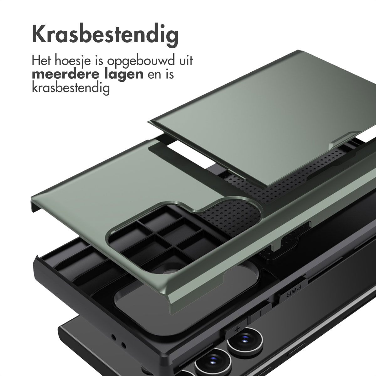 Telefoonhoeslagen: groene bovenkant, grijze midden, zwarte basis. De camera van de telefoon is zichtbaar.