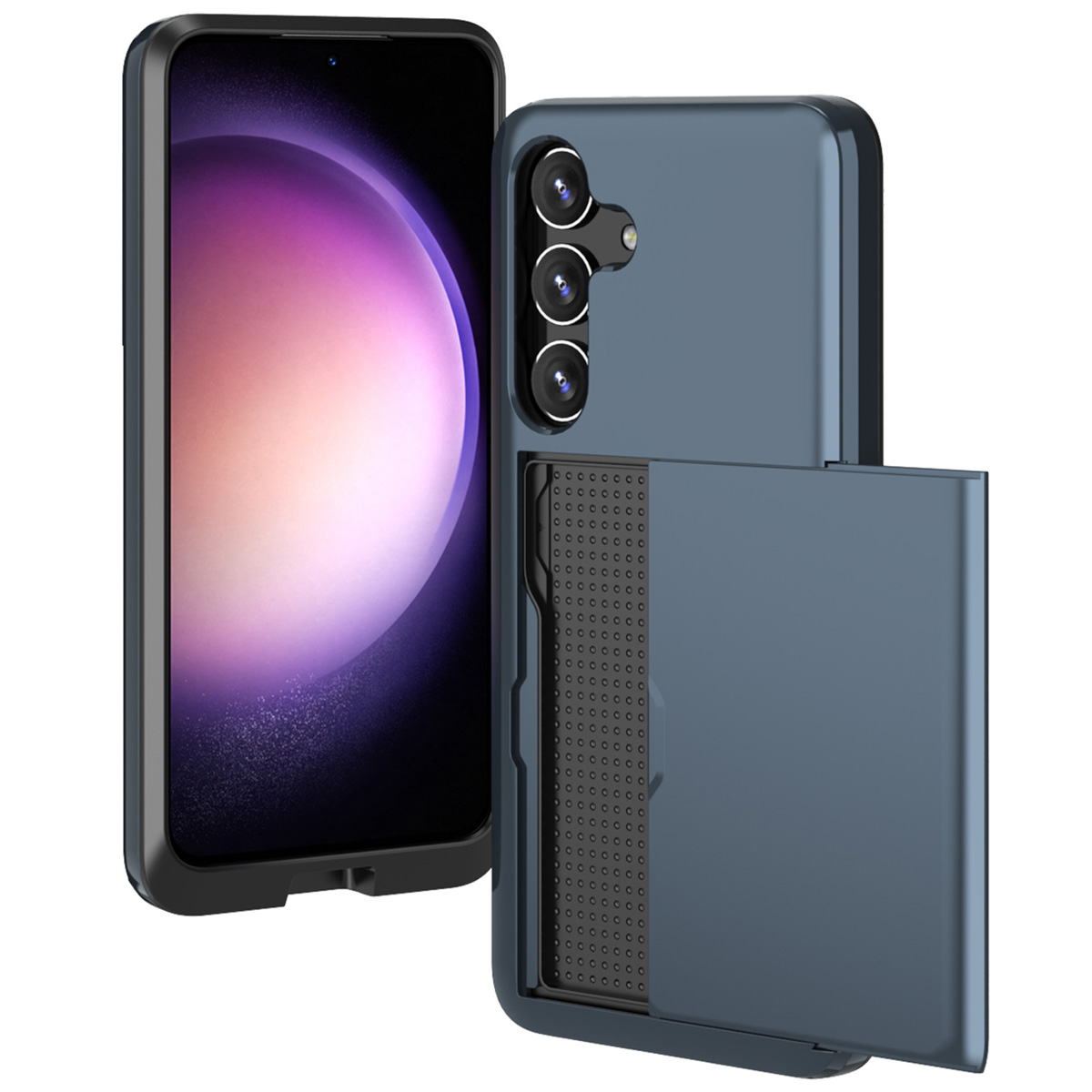 Telefoon in hoesje met kaartsleuf. De hoes is blauw en zwart. Het scherm van de telefoon is zichtbaar.