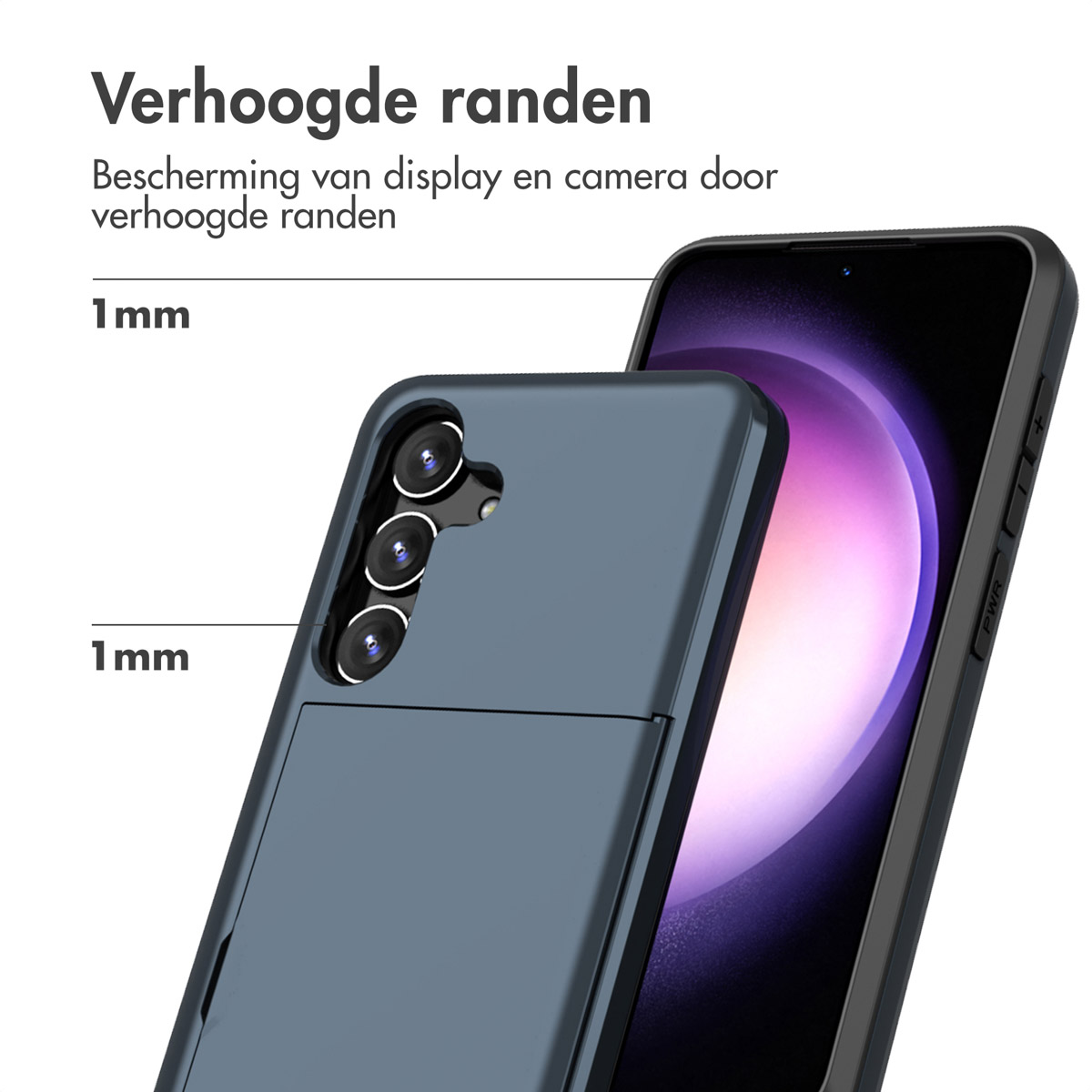 Telefoonhoesje met verhoogde randen, beschermt het scherm en de camera. Tekst: Verhoogde randen beschermen scherm en camera.